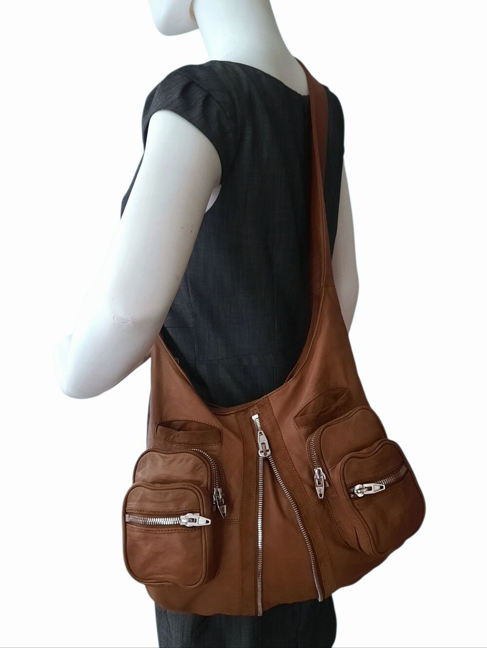 ALEXANDER WANG Donna  Brown Leather Hobo Sling Shoulder Bag w/Multi-Pockets